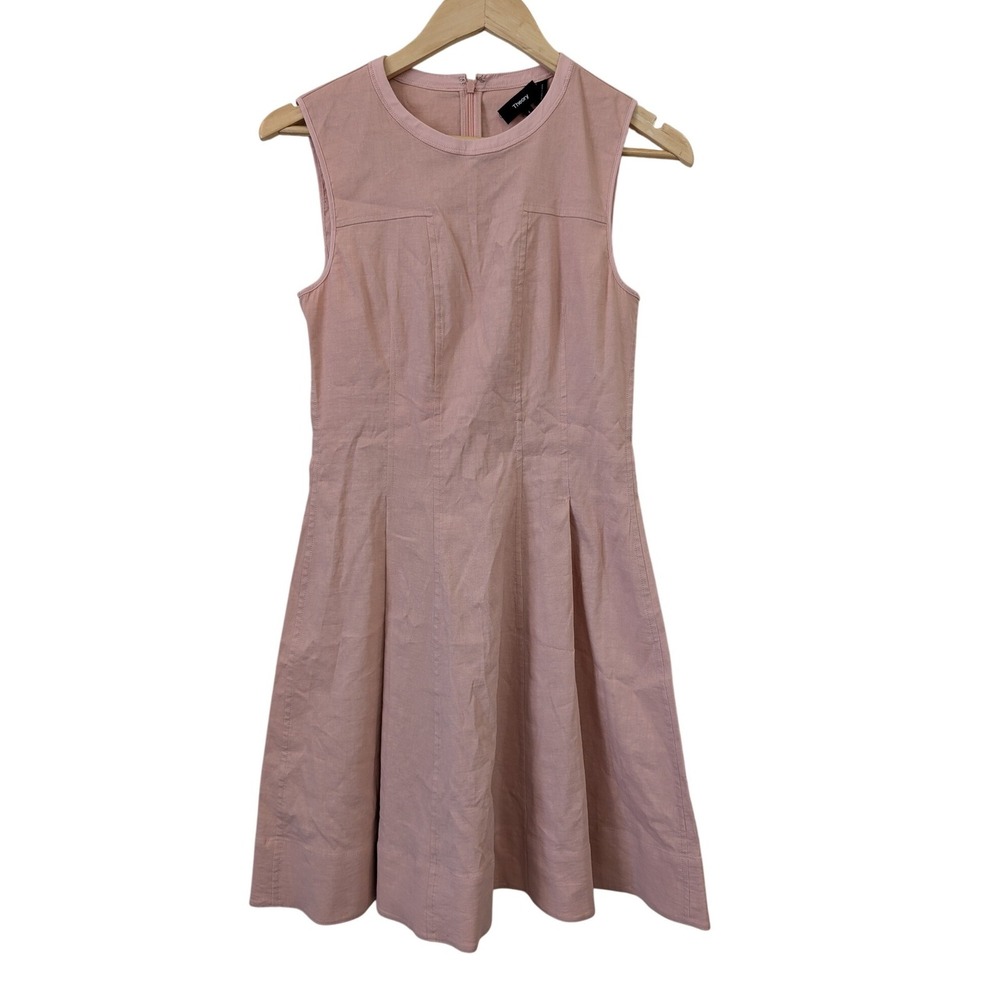 Theory Modern Tea Dress Pink Organic Crunch Linen Blend Sleeveless Size 4 $355